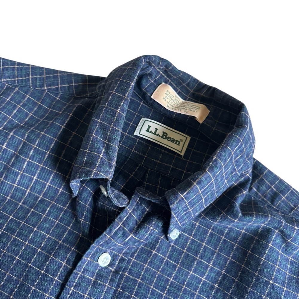 L.L. Bean Men's Navy and White Windowpane Button-Down Shirt